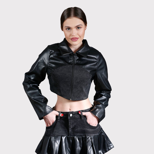Compleu din 2 piese - geacă și fustă din denim și piele - negru