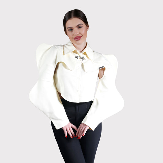 Cămașă din 2 piese: maieu și crop top cu mâneci - crem