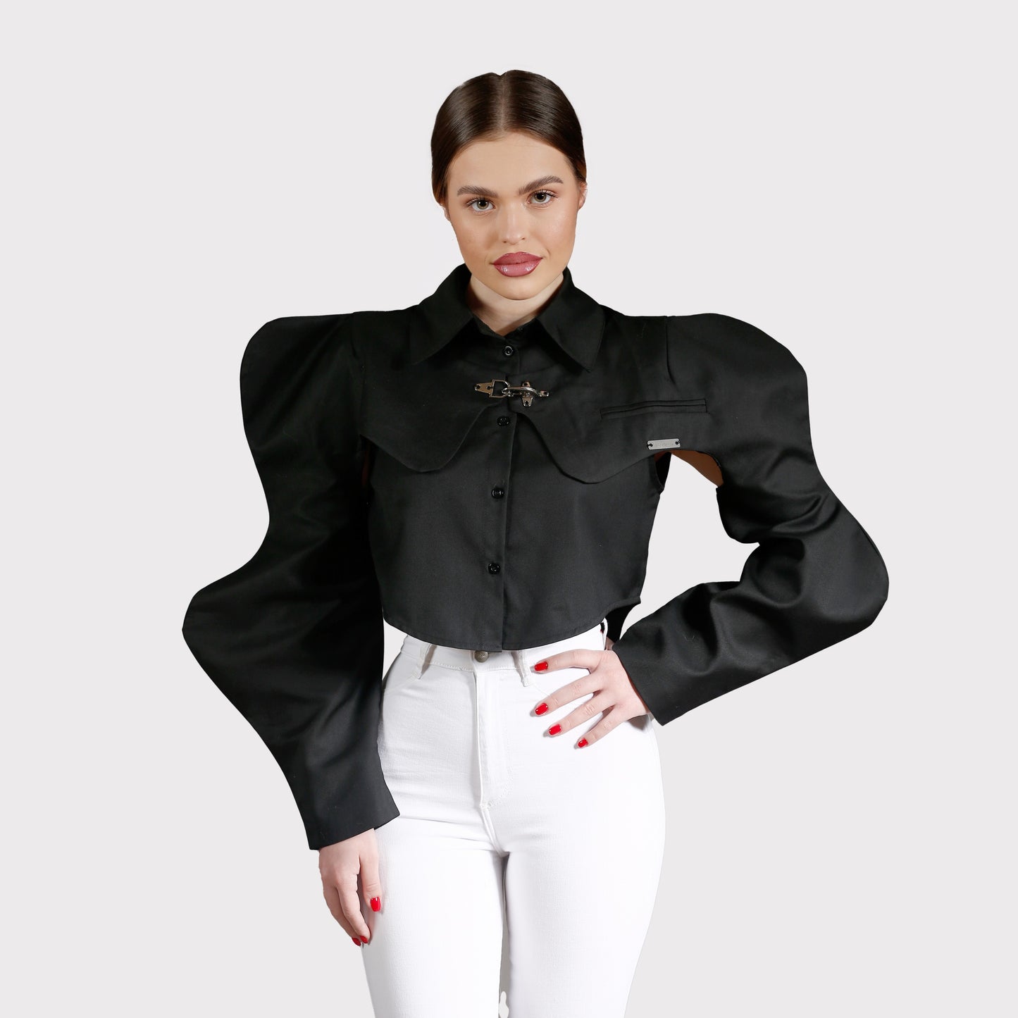 Cămașă din 2 piese, maieu și crop top cu mâneci - negru