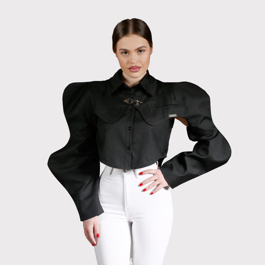 Cămașă din 2 piese, maieu și crop top cu mâneci - negru
