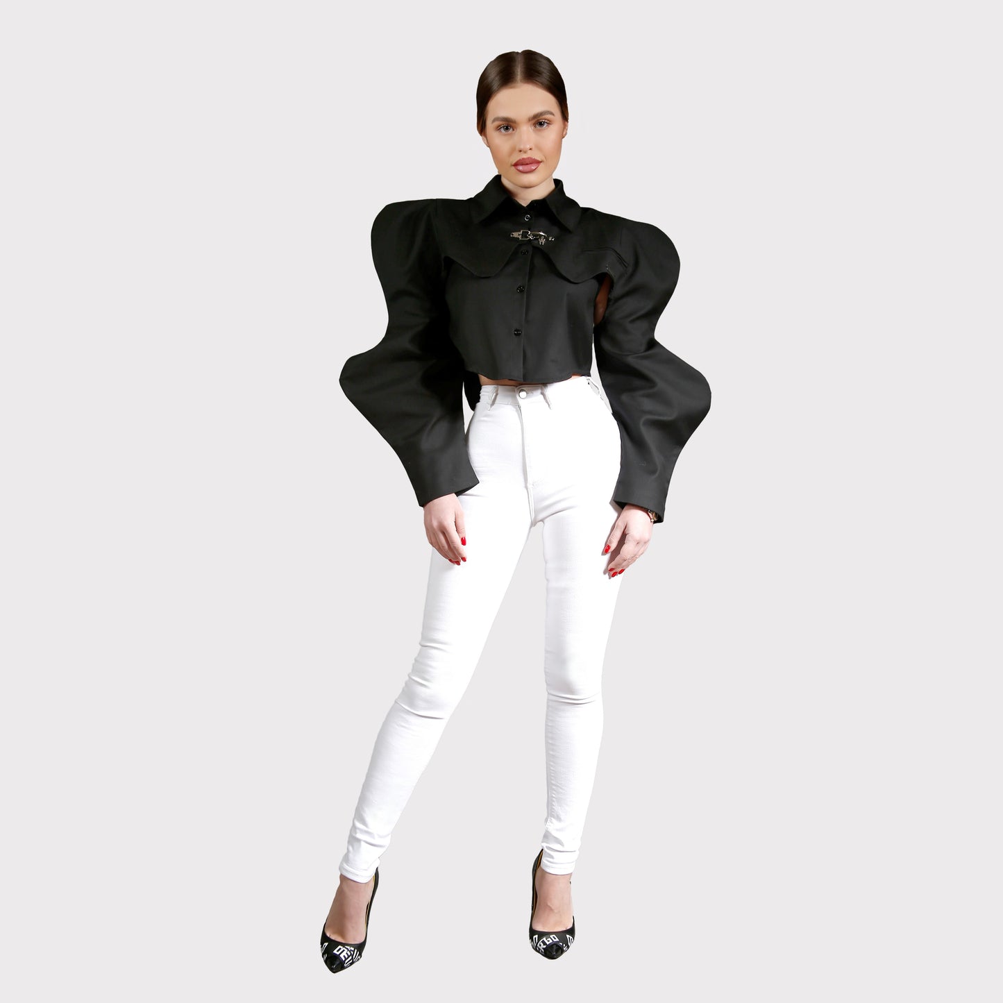 Cămașă din 2 piese, maieu și crop top cu mâneci - negru